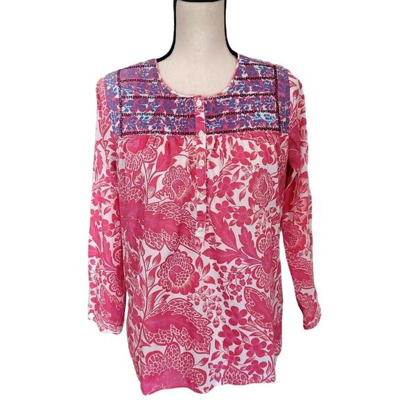 J.CREW Tops - J Crew Lightweight Cotton Pink Floral Embroidered 1/4 Button Long Sleeve Top XS